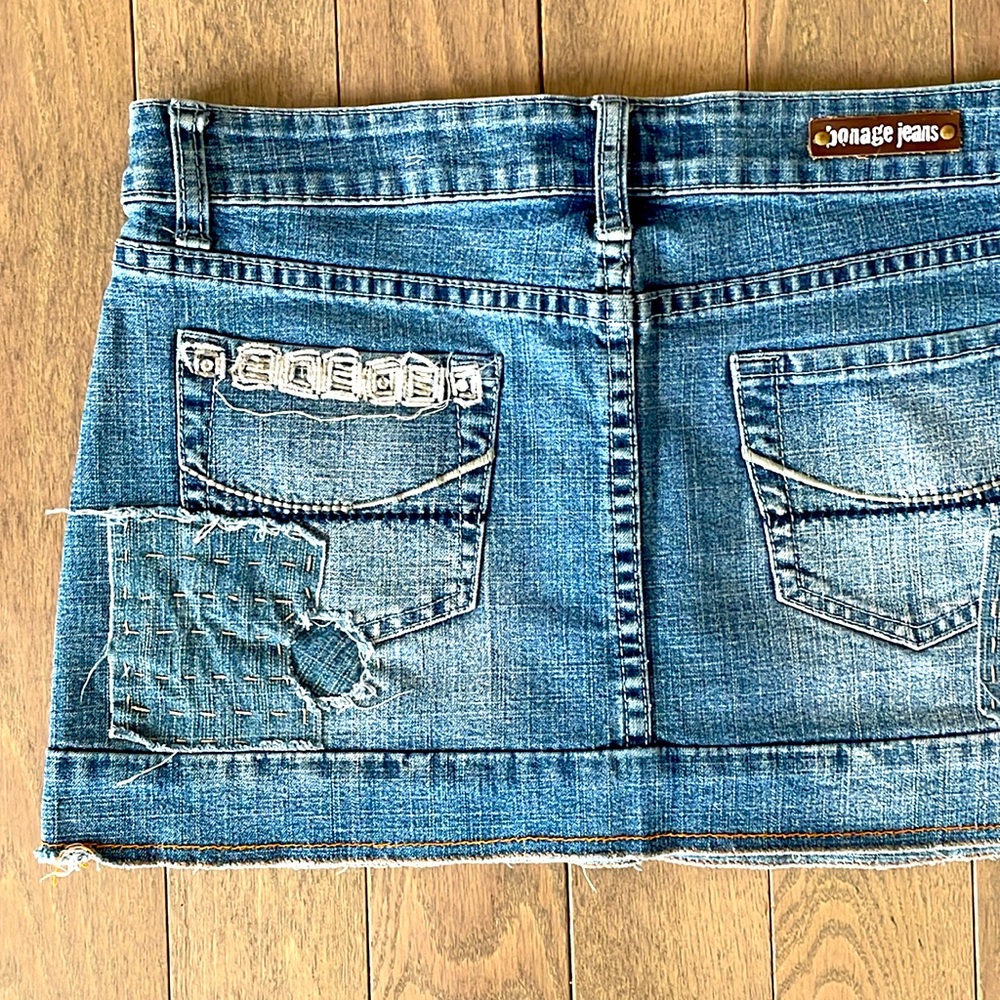 Bonage Jeans Distressed Sequin Denim Mini Skirt Patchwork Low Rise Stretchy 9/10 - Picture 8 of 16